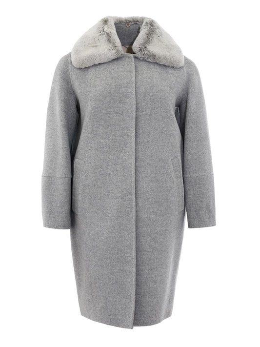 Herno Grey Wool Coat with Fur Collar
