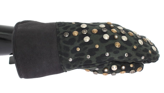Dolce & Gabbana Gray Wool Shearling Studded Green Leopard Gloves