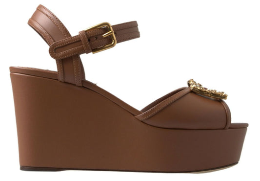 Dolce & Gabbana Brown Leather AMORE Wedges Sandals Shoes