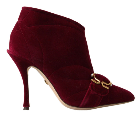 Dolce & Gabbana Burgundy Cotton Blend Velvet Ankle Boots Heel Shoes
