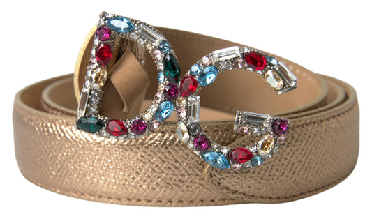 Dolce & Gabbana Gold Leather DG Crystal Buckle Cintura Belt