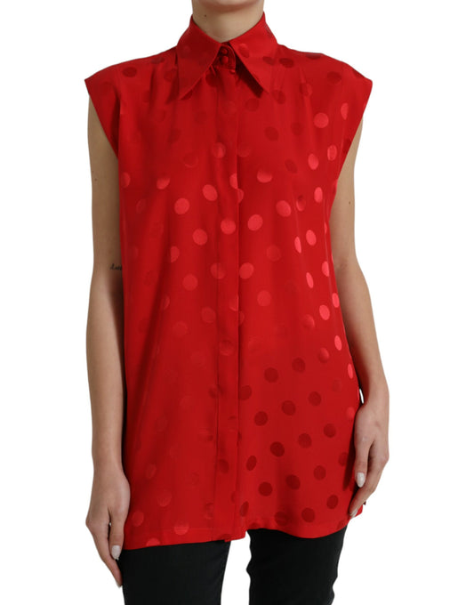 <tc>Dolce & Gabbana</tc> Red Polka Dot S<tc>Lee</tc>veless Collared Blouse Top