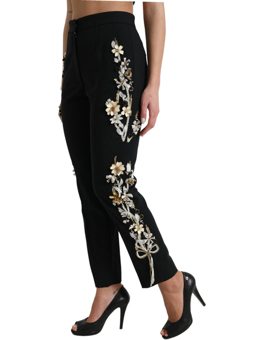 <tc>Dolce & Gabbana</tc> Black Floral Applique High Waist Tapered Pants