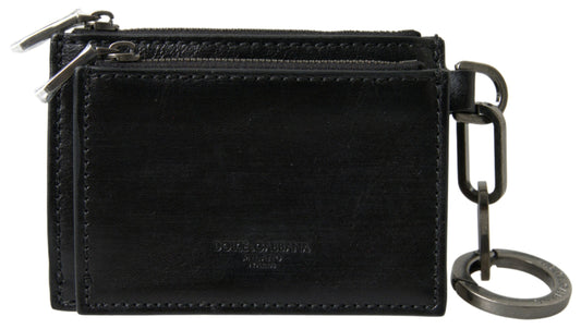 Dolce & Gabbana Black Leather Zip Logo Keyring Coin Purse Wallet