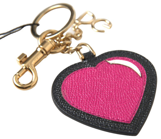Dolce & Gabbana Black Fuchsia Heart Leather Gold Metal Keyring Keychain