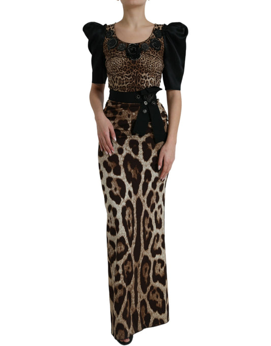 Dolce & Gabbana Black Brown Leopard Embellished Sheath Gown Dress