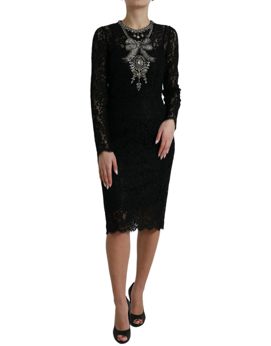 Dolce & Gabbana Black Lace Crystal Embellished Sheath Dress