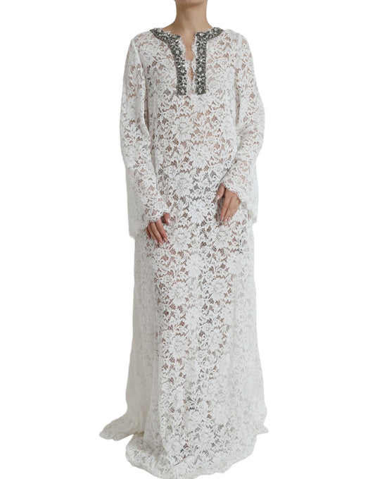 Dolce & Gabbana White Lace Crystal Embellished Shift Dress