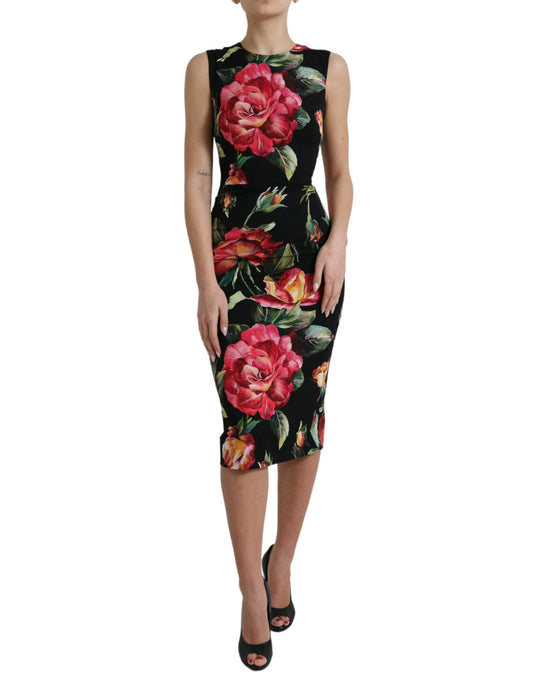 Dolce & Gabbana Black Floral Print Silk Sheath Midi Dress
