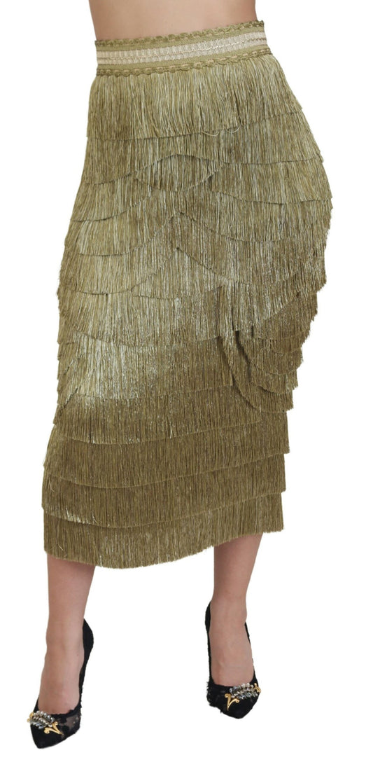 Dolce & Gabbana Gold Tiered Metallic Fringed Midi Silk Skirt