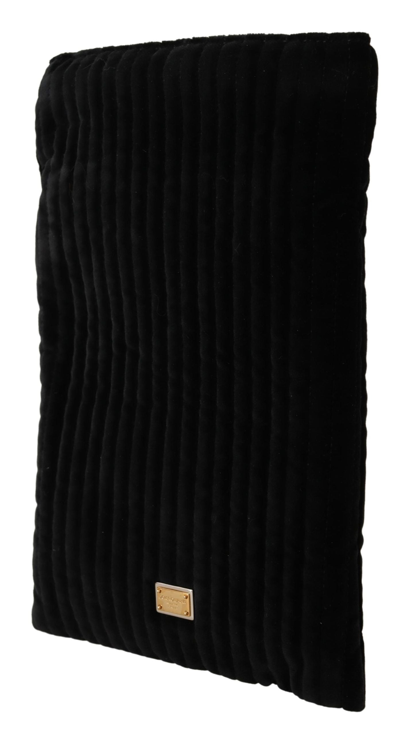 Dolce & Gabbana Black Velvet Quilt Drawstring Logo Plaque Pouch Bag