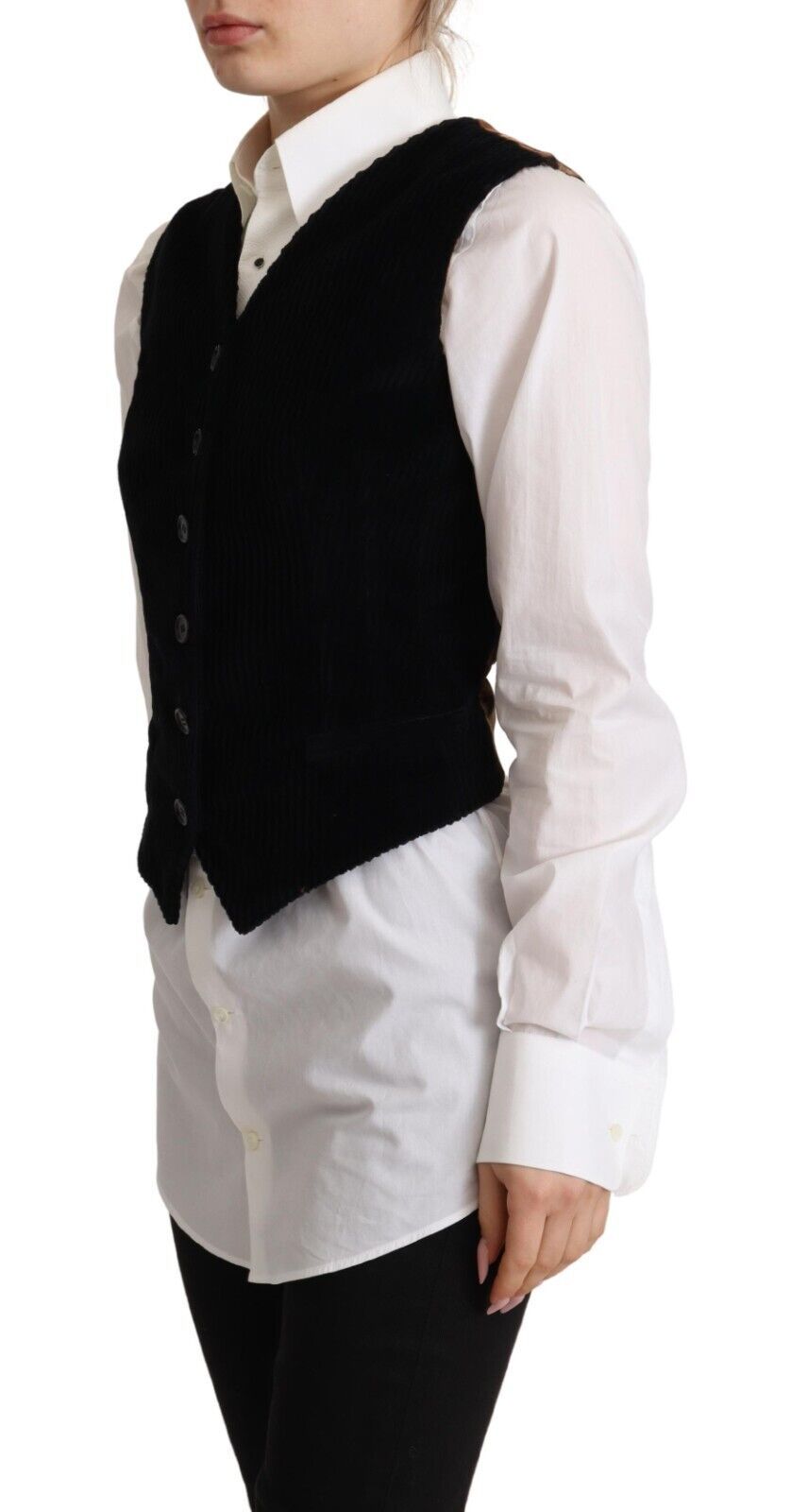 Dolce & Gabbana Black V-neck Leopard Corduroy Button Vest Top